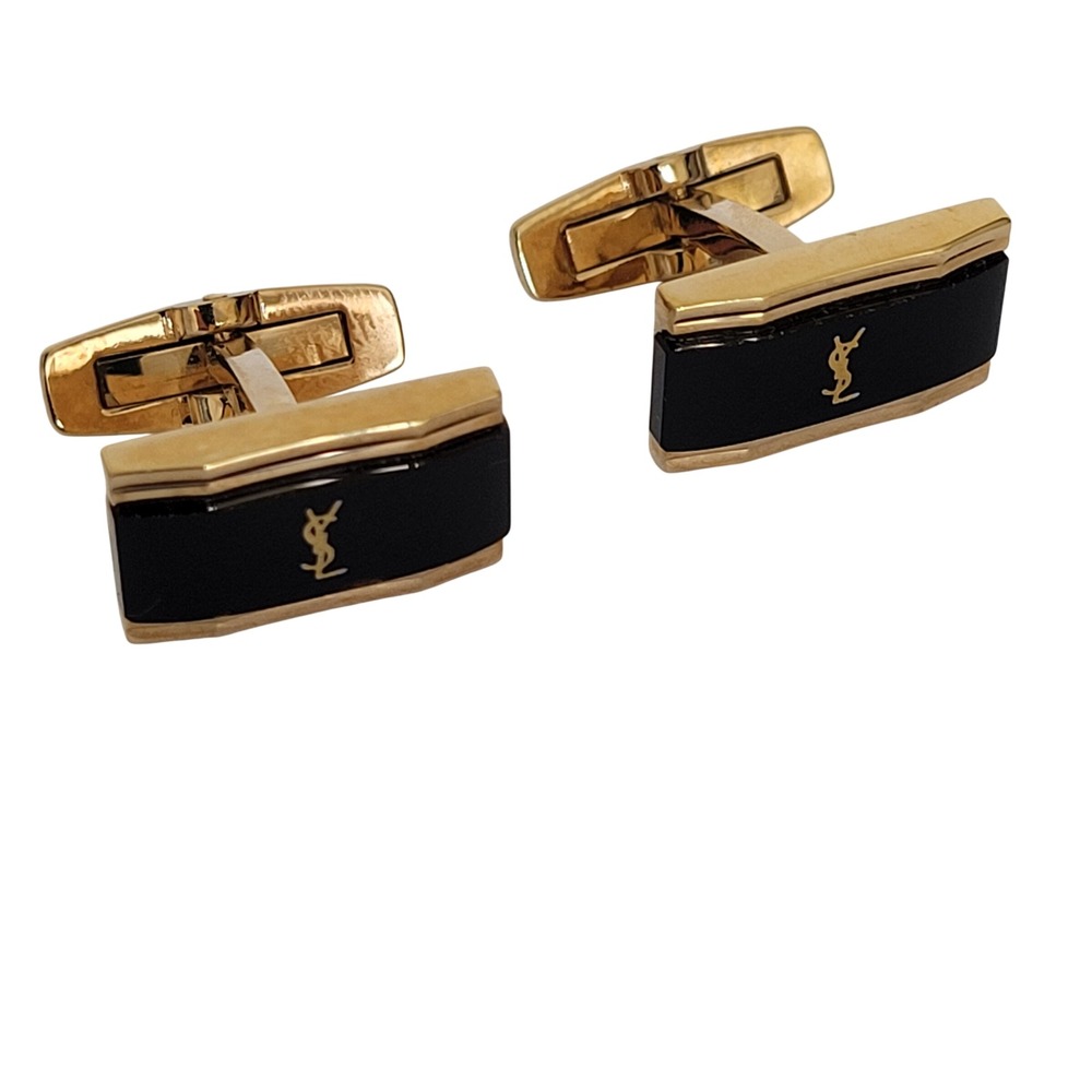 Yves Saint Laurent YSL Cufflinks Gold Tone Black Onyx Logo Mens Vintage Authen